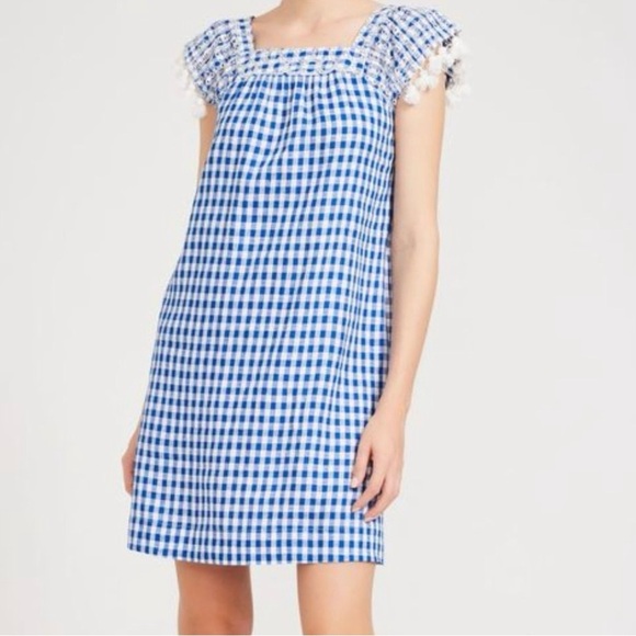 J. McLaughlin Size Medium Dress Linen Blue White Gingham Eyelet Pockets Shift - Picture 1 of 7